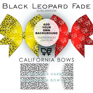Peut inclure: Conception graphique d'un nœud à imprimé léopard jaune et rouge, avec le texte "BLACK LEOPARD FADE" et "CALIFORNIA BOWS". La conception comprend une superposition transparente pour la personnalisation.