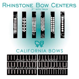 Puede incluir: Imagen de centros de lazos de pedrería, 7,6 cm con colas, en varios diseños. La imagen incluye el texto "Rhinestone Bow Centers" y "California Bows". Los centros de lazos son negros con pedrería blanca.