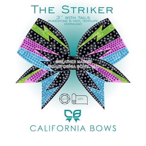 以下が含まれることがあります： THE STRIKER 3" WITH TAILS RHINESTONE & VINYL TEMPLATE DOWNLOADというタイトルのリボンのデザイン。黒いベースにライムグリーン、パープル、ライトブルーのラインストーンで稲妻模様が施されています。HEATHER HARRIS CALIFORNIA BOWS, LLCというテキストが含まれています。