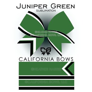 May include: A green bow with black and white accents, featuring the text "Juniper Green" and "California Bows". The bow design includes a stylized logo and the words "Sublimation".