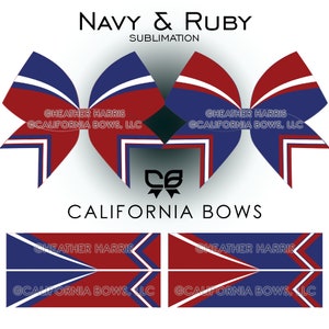 Puede incluir: Lazo de animadora azul marino y rojo con rayas blancas. El lazo está decorado con el texto "Heather Harris" y "California Bows, LLC".