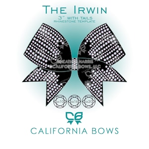 Könnte beinhalten: Eine schwarze schleifenförmige Strass-Vorlage mit dem Titel The Irwin 3" with tails. Das Design zeigt ein Raster aus kreisförmigen Strass-Platzierungen. Unter der Schleife befinden sich drei Kreise mit der Beschriftung ss10, ss16 und ss20.