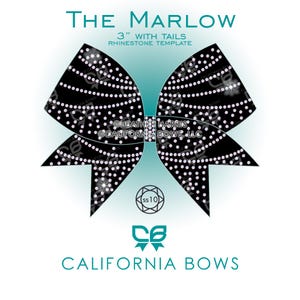 May include: A black bow with tails featuring a rhinestone template design labelled The Marlow 3" with tails. The pattern consists of curved lines of small clear rhinestones set against a black background. Includes text California Bows and ss10.