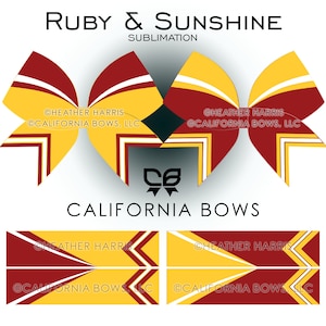 Puede incluir: Dos lazos de animadora rojos, blancos y amarillos con el texto "RUBY & SUNSHINE SUBLIMATION" en la parte superior y "HEATHER HARRIS @CALIFORNIA BOWS, LLC" en la parte inferior. Los lazos están dispuestos de forma simétrica con el texto "CB CALIFORNIA BOWS" en el centro.