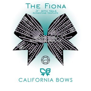 Peut inclure: Un modèle de strass en forme de nœud noir intitulé The Fiona 3" with tails. Le motif présente une grille de petites pierres circulaires. Le texte inclut "The Fiona", "3" with tails", "rhinestone template", "ss10" et "California Bows".
