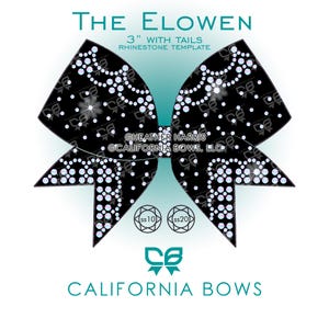 Könnte beinhalten: Eine schwarze Strass-Vorlage in Schleifenform mit dem Titel The Elowen 3" with tails. Das Design zeigt ein Muster aus klaren Strasssteinen auf schwarzem Grund sowie zwei kreisförmige Symbole mit der Beschriftung SS10 und SS20.