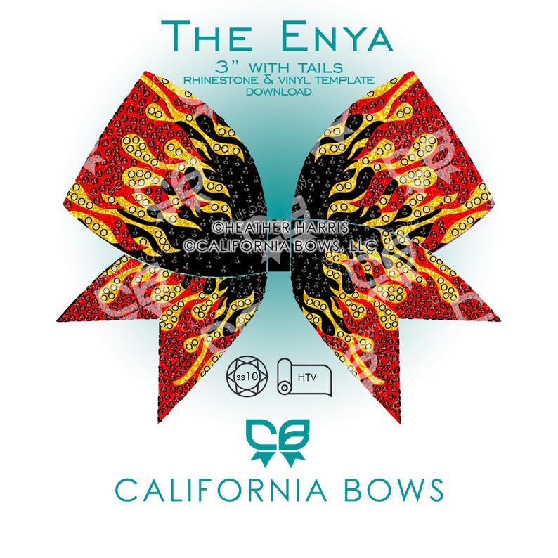 May include: A decorative bow with a vibrant pattern of red, yellow, and black. The bow is labeled "The Enya" and is 3 inches wide. The design includes rhinestone and vinyl template details. The text "California Bows" is also present.