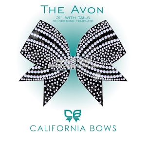 May include: A black bow with rhinestone detailing, labeled "The Avon". The bow is 3 inches with tails and is a rhinestone template. The text "CALIFORNIA BOWS" is at the bottom of the image.