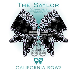 Peut inclure: Un modèle de nœud noir avec des motifs en strass, intitulé The Saylor 3" with tails rhinestone & vinyl template download. Inclut des icônes circulaires pour les pierres ss10 et ss20, une forme de goutte de 4,8 x 8 mm et le texte Heather Harris California Bows, LLC.