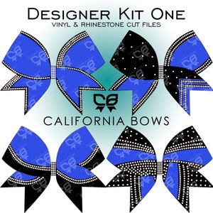 Op de afbeelding: Een digitale afbeelding met vier verschillende strikontwerpen in blauw en zwart met strass-achtige accenten. De tekst luidt DESIGNER KIT ONE VINYL & RHINESTONE CUT FILES en CALIFORNIA BOWS, met een centraal CB-logo met een strikpictogram.