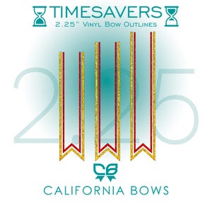 Puede incluir: Tres contornos verticales de lazos de vinilo de alturas variables con centros rojos y bordes de purpurina dorada. El texto dice TIMESAVERS 5,715 CM VINYL BOW OUTLINES, CALIFORNIA BOWS, y un icono de lazo. El número 5,715 aparece en el fondo.