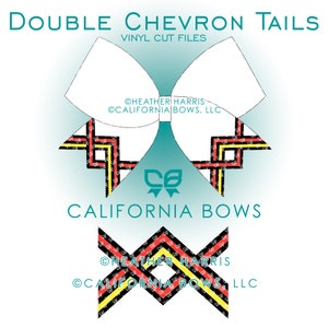 May include: A graphic design for vinyl cut files, featuring a large white bow shape with double chevron tails. The tails have a black, red, and yellow geometric pattern. The text reads "DOUBLE CHEVRON TAILS" and "CALIFORNIA BOWS".