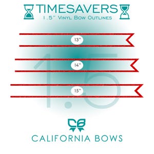 Op de afbeelding: Drie rode glitter vinyl strik-omtrekken in lengtes van 13, 14 en 15 inch. De tekst luidt TIMESAVERS 1.5" VINYL BOW OUTLINES en CALIFORNIA BOWS. Elke strook heeft een puntig chevron-uiteinde en een consistente breedte.