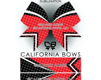 Könnte beinhalten: Ein rot-schwarzer Cheer-Bogen mit einem weißen Streifen und einem Muster aus kleinen roten Schleifen. Der Bogen ist mit dem Text "Heather Harris" und "@California Bows, LLC" verziert.