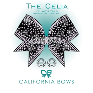 Könnte beinhalten: Eine schwarze schleifenförmige Strass-Vorlage mit dem Titel The Celia 3" with tails. Das Design zeigt ein dichtes Muster aus kreisförmigen Strasssteinen. Unter der Schleife befinden sich zwei kreisförmige Symbole mit ss10 und ss16 sowie der Text California Bows.