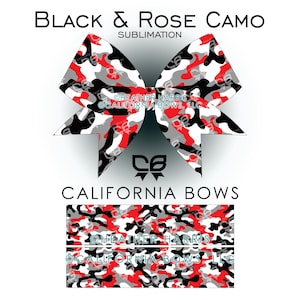 May include: A red, black, and white camouflage patterned bow with the text "Heather Harris" and "California Bows, LLC" printed on it. The bow is tied in a large, symmetrical shape.