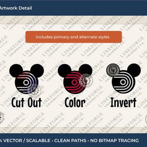 May include: A digital graphic design featuring three mouse-ear silhouettes with circular line patterns. The first is labeled Cut Out with a purple gradient, the second is labeled Color with red lines, and the third is labeled Invert with white lines.