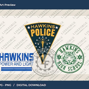 May include: A digital graphic design featuring three distinct logos: a dark blue Hawkins Police shield with a gold torch, a blue Hawkins Power and Light text logo with horizontal lines, and a green Hawkins High School circular tiger emblem.