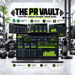 Puede incluir: Un ordenador portátil que muestra el software de seguimiento de fuerza The PR Vault con un panel de gráficos, tablas y datos. La pantalla muestra récords personales, análisis de levantamiento y métricas de progreso.