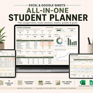 May include: An Excel and Google Sheets all-in-one student planner displayed on a laptop and two tablets. The screens show a student dashboard, assignment tracker, and weekly planner with charts, tables, and data for tracking grades and goals.