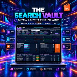 May include: A laptop screen displaying The Search Vault Etsy SEO and Keyword Intelligence System dashboard with data tables, metrics, and progress bars. The interface features sections for keyword research, opportunity scoring, and tag planning.