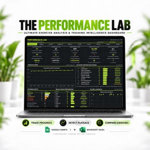 Op de afbeelding: Een laptopscherm met het The Performance Lab dashboard voor trainingsanalyse. De interface bevat gegevenstabellen, een lijngrafiek voor krachttrends en prestatieranglijsten voor oefeningen in zwart, wit en neon-groen.