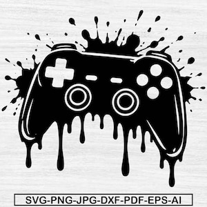 Peut inclure: Une illustration graphique noire d'une manette de jeu vidéo avec un effet d'éclaboussure de peinture et des gouttes s'étendant vers le bas. Le texte SVG-PNG-JPG-DXF-PDF-EPS-AI est imprimé dans un cadre rectangulaire noir en bas de l'image.