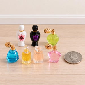 7PCS Miniature Perfume Bottles, Dollhouse Vanity Decor, Alloy Pump Prop