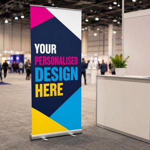 May include: A vertical retractable banner stand featuring a dark blue background with geometric shapes in pink, light blue, and yellow. The text reads YOUR PERSONALIZED DESIGN HERE in white, pink, light blue, and yellow block lettering on the banner.