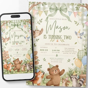May include: A birthday invitation card and a smartphone displaying the same digital invitation. The design features watercolor forest animals, a green gingham background, a sage green bow, and text reading Our Little Bear Mason Is Turning Two.