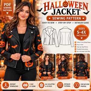 May include: A digital sewing pattern for a black jacket featuring an orange pumpkin and bat print. The document includes technical line drawings of the front and back, size range S-4X, and instructions for A4, US Letter, and A0 printing formats.
