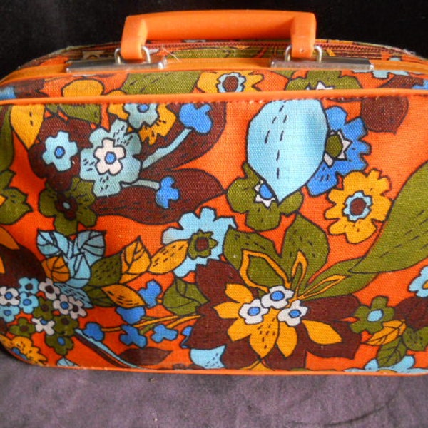 Reserved for Carlie 1970s Orange Floral suitcase  Vintage Luggage Carry On Case