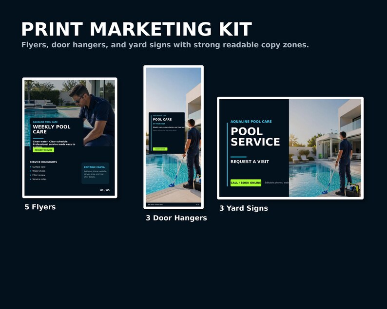 May include: A print marketing kit featuring five flyers, three door hangers, and three yard signs for pool care services. The designs include text such as Weekly Pool Care, Pool Service, and Request a Visit, showcasing images of a person cleaning a pool.