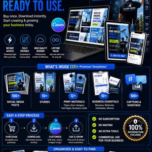 May include: A digital marketing kit for window cleaning businesses featuring 131+ templates for social media, print materials, and business essentials. The display shows a laptop, tablet, and smartphone with Canva branding, organized folders, and a 4-step process guide.
