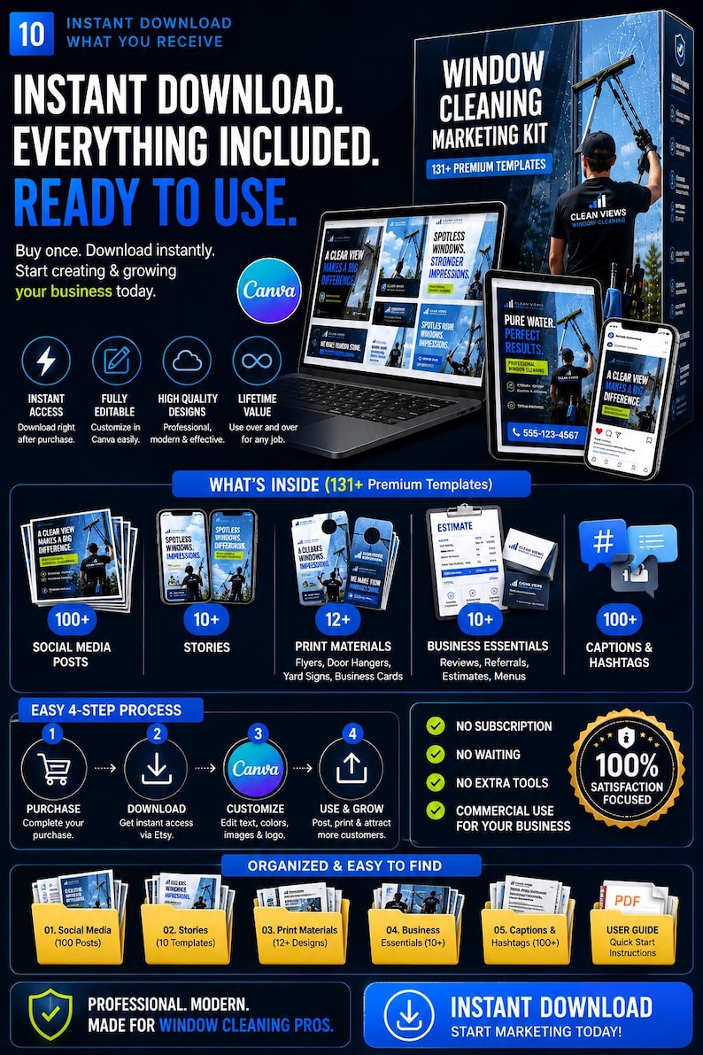 May include: A digital marketing kit for window cleaning businesses featuring 131+ templates for social media, print materials, and business essentials. The display shows a laptop, tablet, and smartphone with Canva branding, organized folders, and a 4-step process guide.
