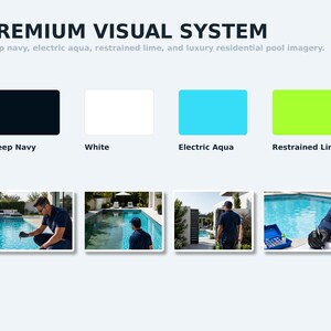 May include: A Premium Visual System display featuring color swatches in deep navy, white, electric aqua, and restrained lime. Below are four photographs showing a person in a dark shirt performing pool maintenance and testing water quality.