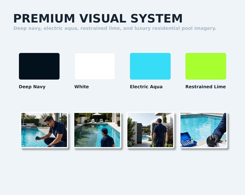 May include: A Premium Visual System display featuring color swatches in deep navy, white, electric aqua, and restrained lime. Below are four photographs showing a person in a dark shirt performing pool maintenance and testing water quality.