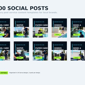 May include: A digital collection of 100 social media post templates for pool service brands. The graphic displays ten rectangular layouts featuring images of pool maintenance, text headers like Pool Care, Water Checks, and Book A Visit, and green editable buttons.