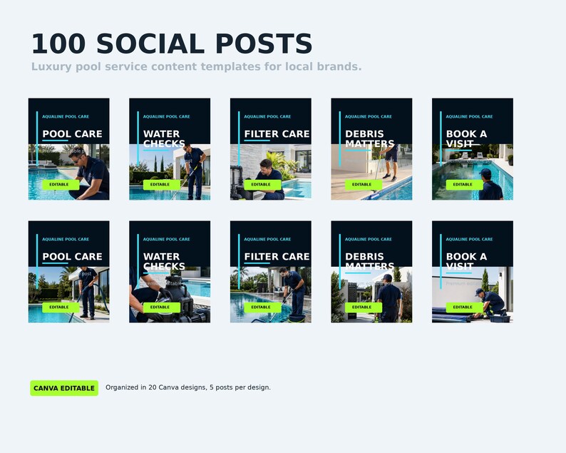 May include: A digital collection of 100 social media post templates for pool service brands. The graphic displays ten rectangular layouts featuring images of pool maintenance, text headers like Pool Care, Water Checks, and Book A Visit, and green editable buttons.