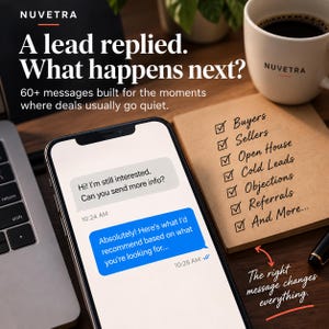 May include: A smartphone displaying a text conversation with the messages: Hi! I'm still interested. Can you send more info? and Absolutely! Here's what I'd recommend based on what you're looking for. Next to it is a notepad with a checklist of business categories.