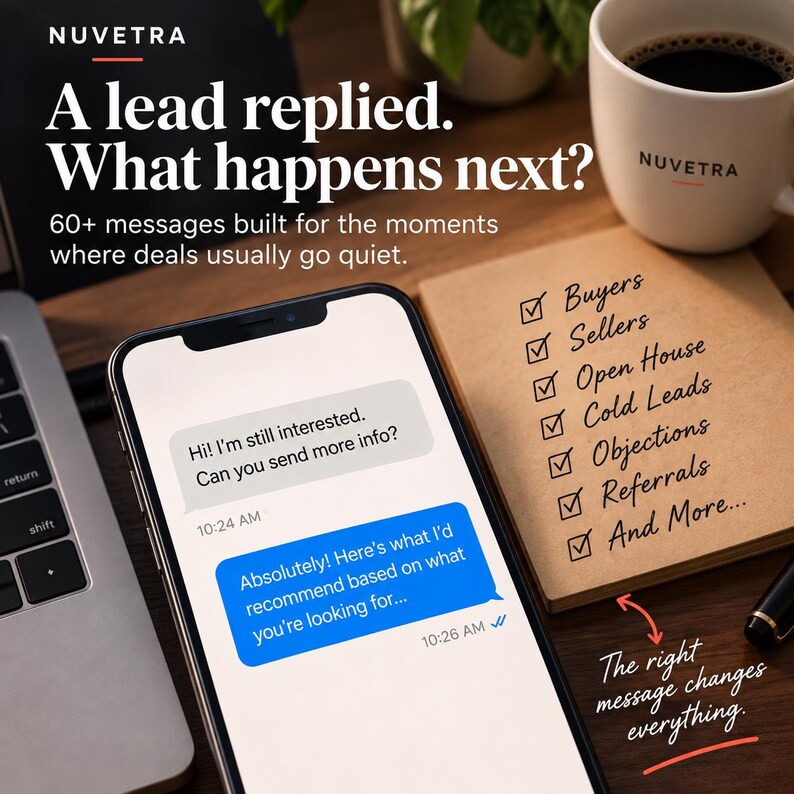 May include: A smartphone displaying a text conversation with the messages: Hi! I'm still interested. Can you send more info? and Absolutely! Here's what I'd recommend based on what you're looking for. Next to it is a notepad with a checklist of business categories.