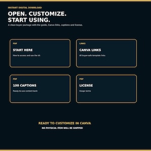 May include: A dark digital download graphic with gold text and borders. It features the headings: OPEN. CUSTOMIZE. START USING. START HERE, CANVA LINKS, 100 CAPTIONS, and LICENSE. The text READY TO CUSTOMIZE IN CANVA and NO PHYSICAL ITEM WILL BE SHIPPED appears.