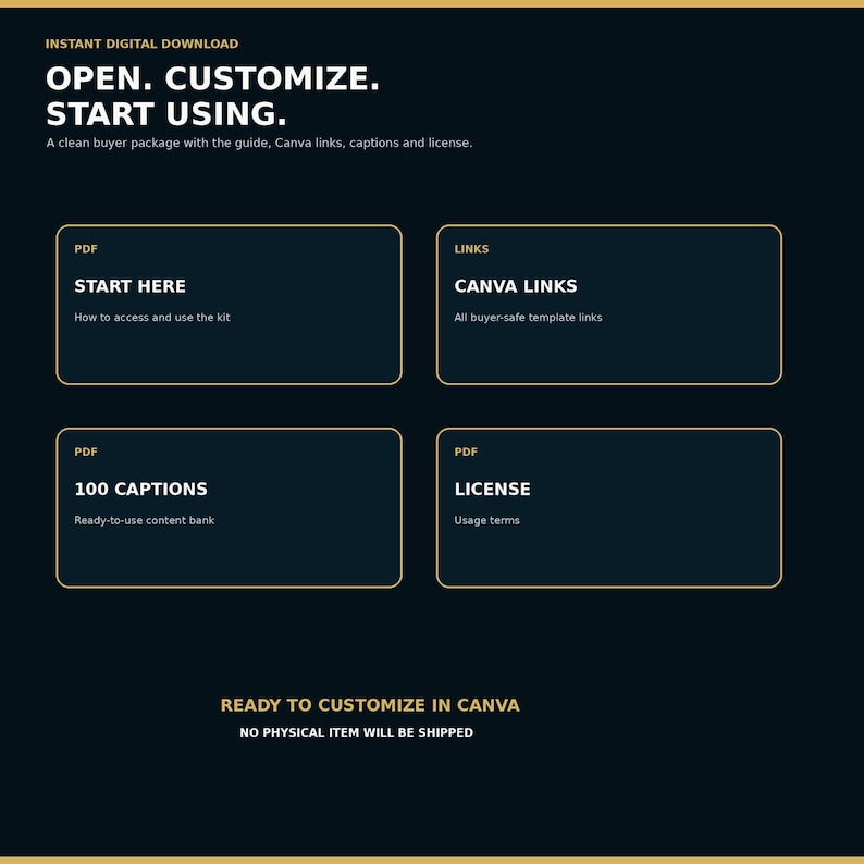 May include: A dark digital download graphic with gold text and borders. It features the headings: OPEN. CUSTOMIZE. START USING. START HERE, CANVA LINKS, 100 CAPTIONS, and LICENSE. The text READY TO CUSTOMIZE IN CANVA and NO PHYSICAL ITEM WILL BE SHIPPED appears.