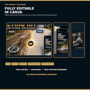 May include: A digital marketing template set for exterior cleaning businesses, fully editable in Canva. The design features dark backgrounds with gold text, showcasing before and after pressure washing results, mobile phone mockups, and flyers.
