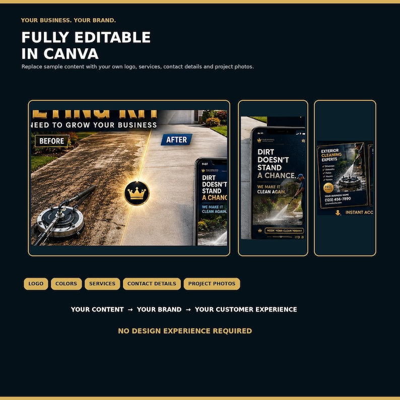 May include: A digital marketing template set for exterior cleaning businesses, fully editable in Canva. The design features dark backgrounds with gold text, showcasing before and after pressure washing results, mobile phone mockups, and flyers.