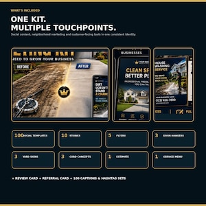 May include: A marketing kit for pressure washing businesses featuring social media templates, flyers, door hangers, yard signs, and estimate forms. The display shows before and after cleaning results, mobile app interfaces, and house washing service advertisements.