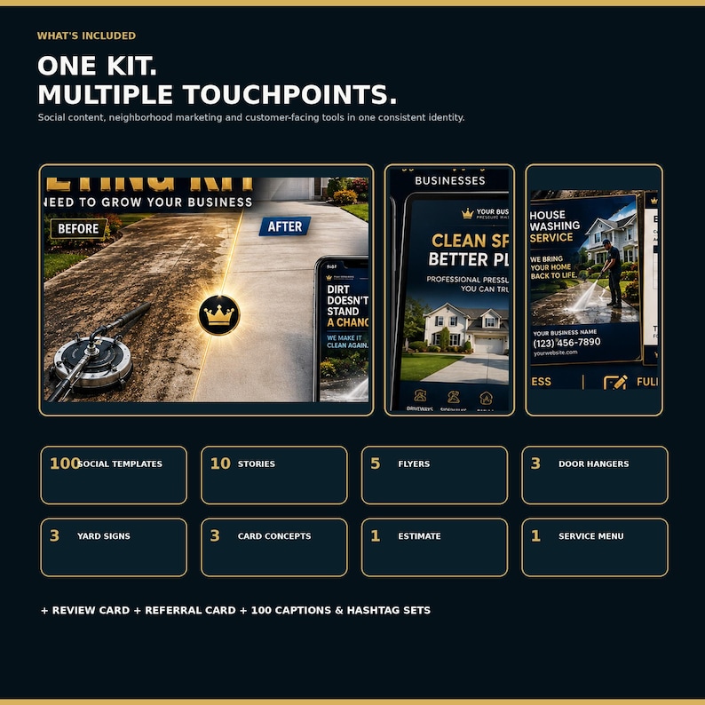 May include: A marketing kit for pressure washing businesses featuring social media templates, flyers, door hangers, yard signs, and estimate forms. The display shows before and after cleaning results, mobile app interfaces, and house washing service advertisements.