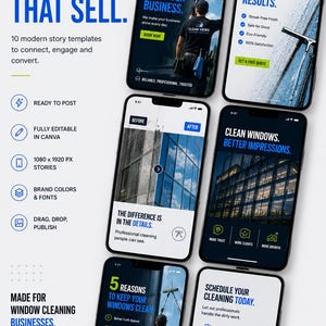 May include: A digital collection of ten modern story templates for window cleaning businesses, displayed on six smartphone screens. The designs feature blue and white text, professional photography, and call-to-action buttons for services.
