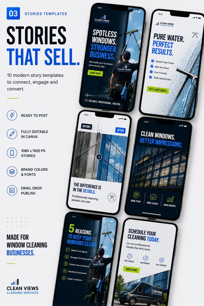 May include: A digital collection of ten modern story templates for window cleaning businesses, displayed on six smartphone screens. The designs feature blue and white text, professional photography, and call-to-action buttons for services.