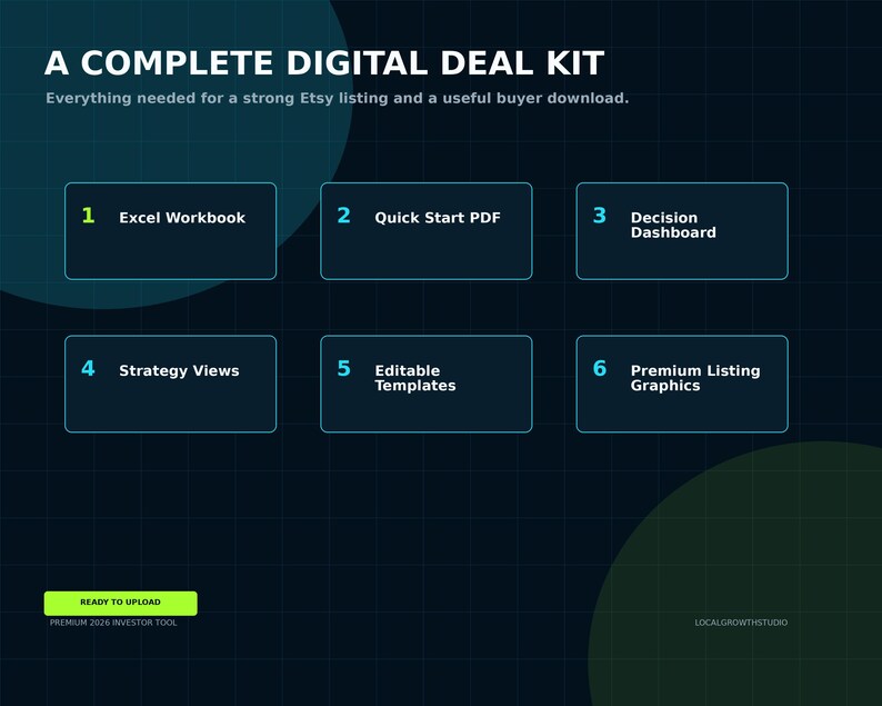 May include: A dark blue digital product graphic titled A COMPLETE DIGITAL DEAL KIT. It lists six components: 1 Excel Workbook, 2 Quick Start PDF, 3 Decision Dashboard, 4 Strategy Views, 5 Editable Templates, and 6 Premium Listing Graphics.